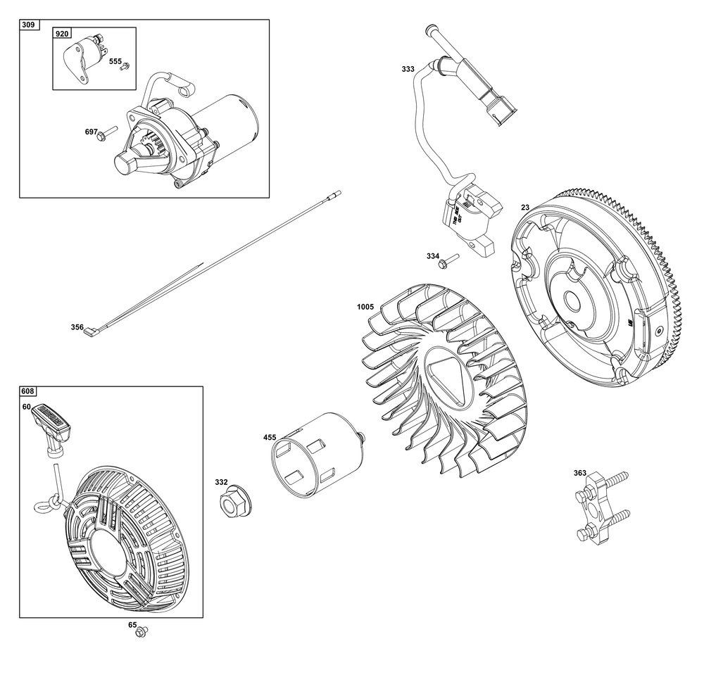 Flywheel, Ignition, And Starter Group Diagram and Parts List for 25V337-0036-F1 200000 - 399999 Briggs and Stratton Engine